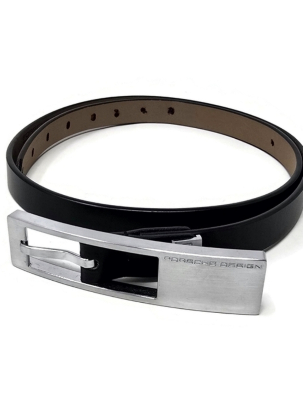 Porsche Design Brushed Silver Tone Statement Black Leather Belt Unisex